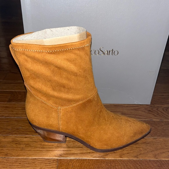 Franco Sarto Sammi Pointy Toe Booties Whiskey & Gold Tone Faux Suede Women’s 6 - Picture 3 of 13